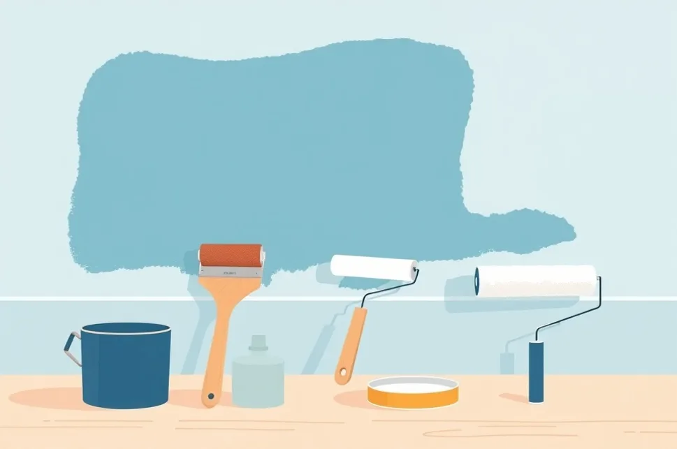 Outils de peinture disposés dans l'ordre des étapes du chantier
