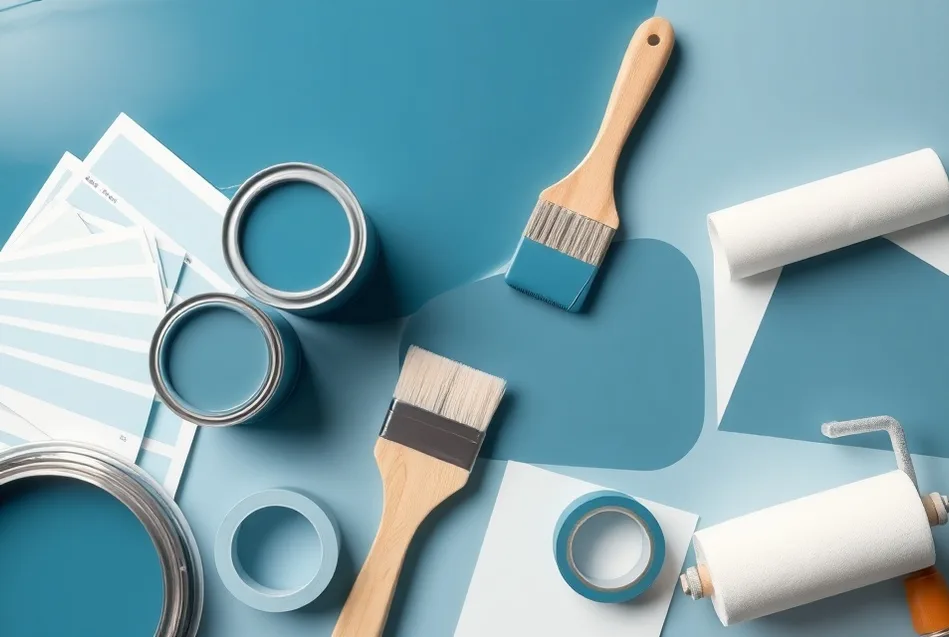 Pots de peinture, nuancier, brosses et rouleaux disposés à plat