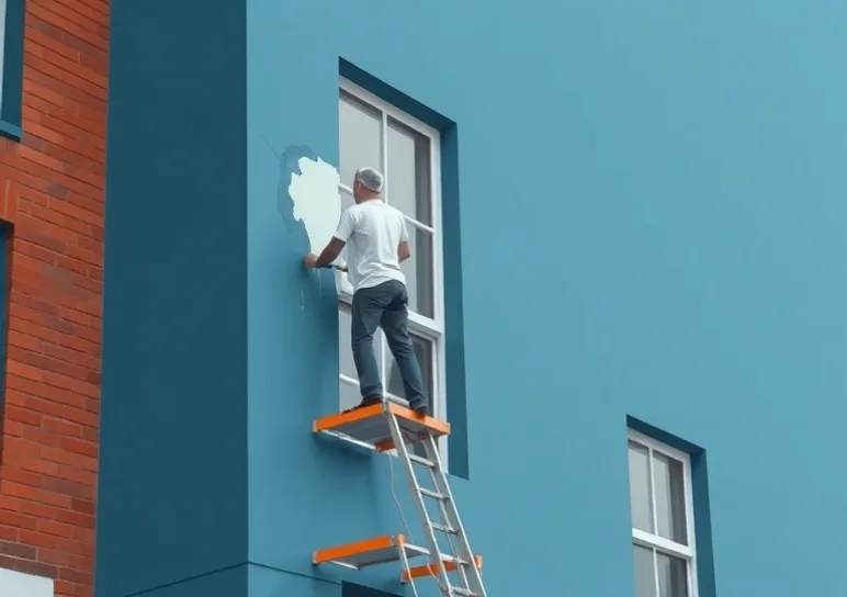 Peintre sur échafaudage traitant la façade d'une maison